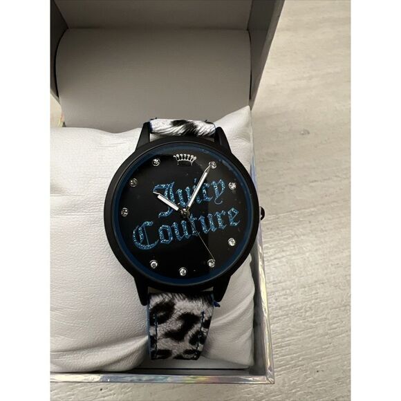 Juicy Couture Black Label NIB Black Blue w/Cheetah Wristwatch Watch - Picture 6 of 11